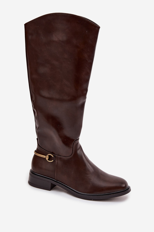 Zateplené dámské kozačky na nízkém podpatku s ozdobným detailem čokoládové Renaya