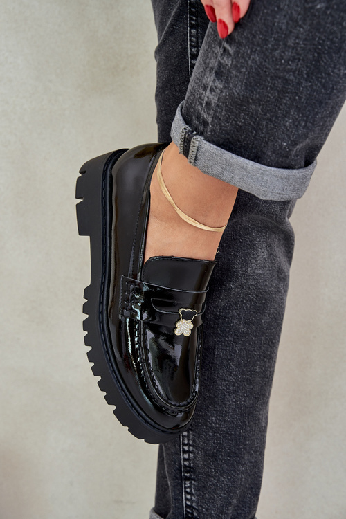 Lakované Dámské Mokasíny S Připínáčkem Medvěd Černé Wulinea