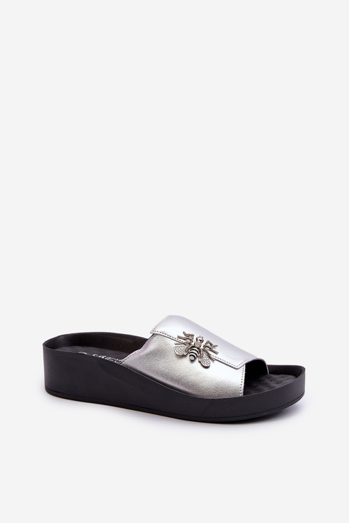 Elegantné Dámske Papuče S Ozdobou Z Prírodnej Kože S.Barski KV27-015 Strieborné