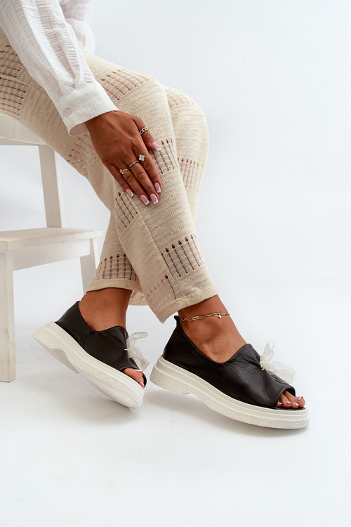 Zazoo 2939 Dámské kožené sandály s mašlí Černé