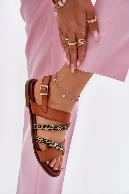 Dámské Sandály Na Plochém Podpatku S Pásky Leopard Sergio Leone SK086H Camel