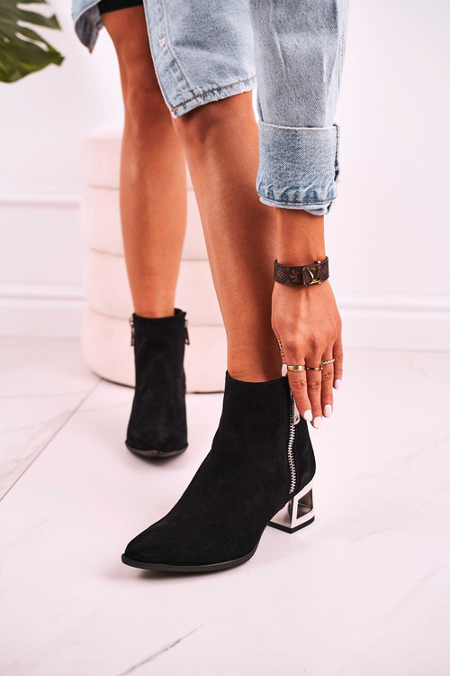 Kotníkové Boty Na Stříbrném Podpatku Semišové černé Norah