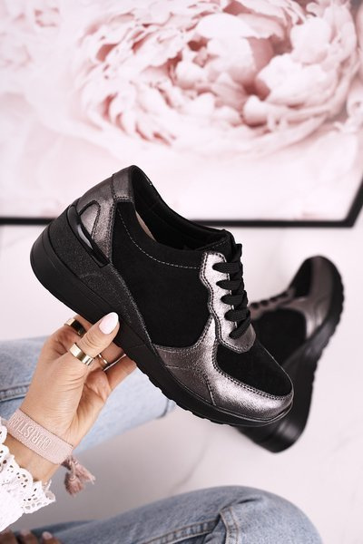 Dámské Klínové Kožené Boty Sneakersy Černé Stříbrné Roxette