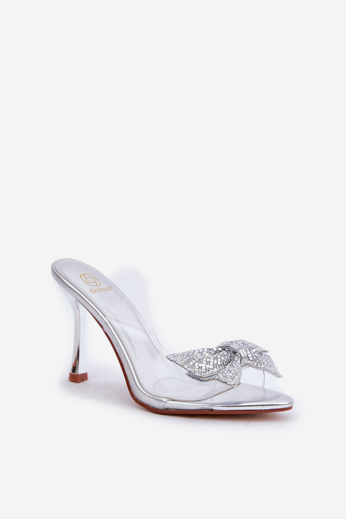 Průhledné Sandály Na Podpatku S Lesklou Mašlí Stříbrné Viosta