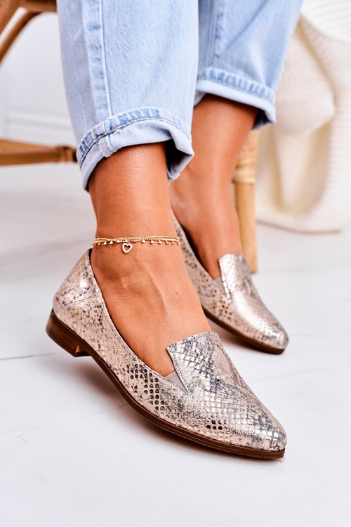 Dámske kožené mokasíry, vzor pre zvieratá, zlatý šarlett