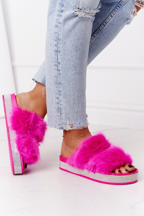 Papuče na plošine s kožušinou a zirkónmi fuchsia wow!