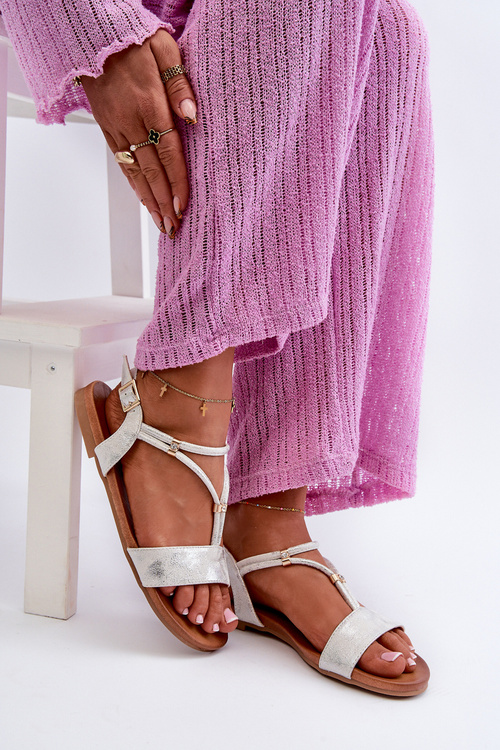 Dámske ploché sandále s páskami S.Barski KV27-010 Bielo-strieborné