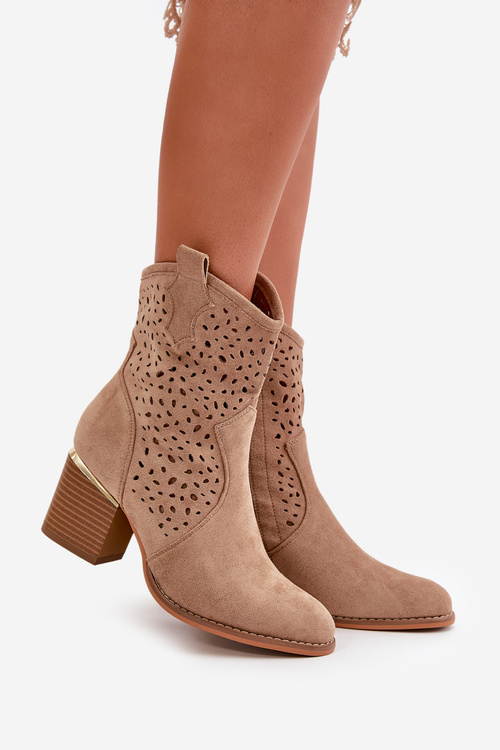 Ažúrové členkové topánky s blokovým opätkom vyrobené z ekokože zips tmavobežové Sevana