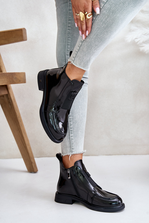 Kožené Lakované Botky Dámské Na Zip D&A JC42-24 Černé