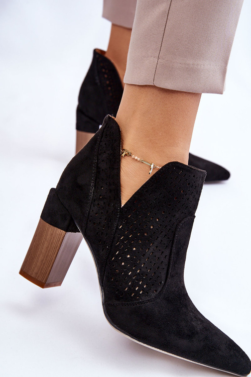 Módní semišové prolamované boty na vysokém podpatku Černá Genevi