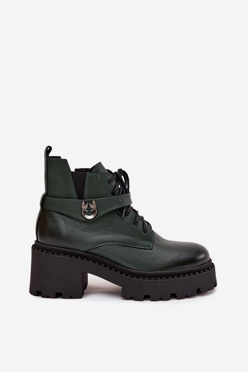 Kožené dámske členkové topánky na kocku s ozdobným pásom zateplené Zazoo 60557 Tmavozelené