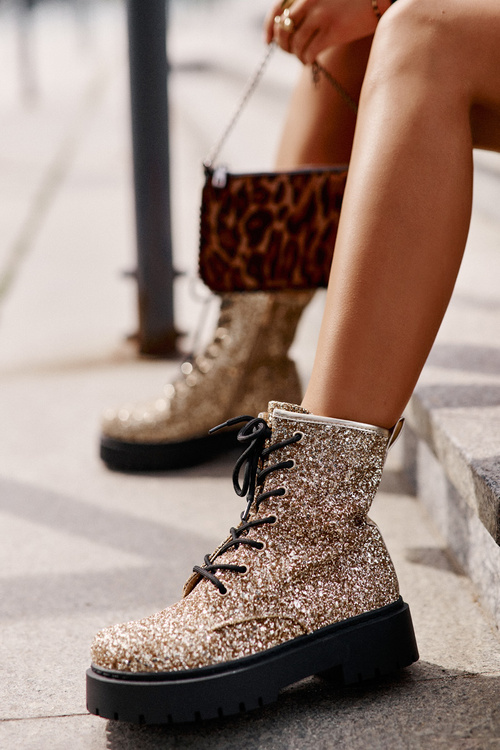 Zateplené dámske pracovné topánky zdobené flitrami zlaté Liatheine