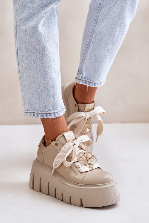 Dámské tenisky na masivní podrážce se zlatou ozdobou CheBello 4530 Béžové