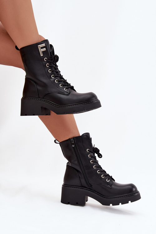 Dámske Workery členkové topánky na blokovom podpätku zateplené s písmenom F čierne Lurina