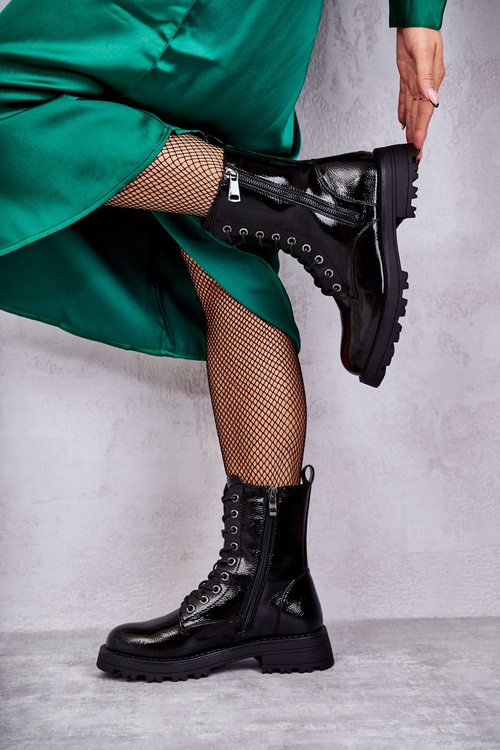 Kožené Boty Na Plochém Podpatku černe Estela