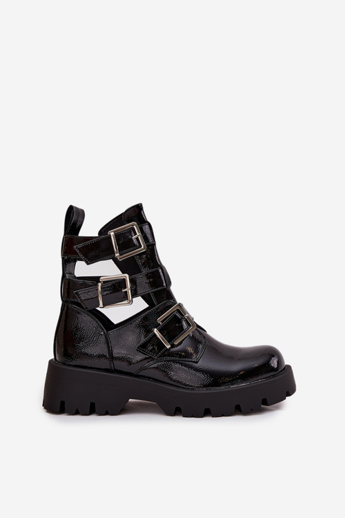 Lakované dámske čižmy s páskami a striebornými klipsami Čierne Helisse