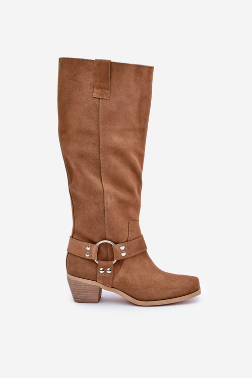 Semišové čižmy na nízkom podpätku s holienkami nad kolenom Zazoo 3444/O Camel