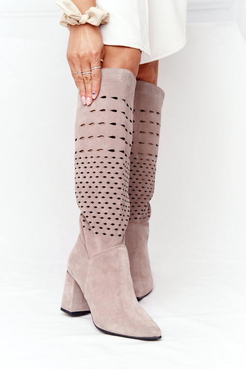 Jarní Prolamované Semišové Kozačky Lewski Shoes 2847/B Béžové