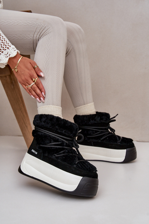 Dámske Kožené Snehové Čižmy Na Hrubej Podrážke S Kožušinou Big Star OO274A206 Čierne