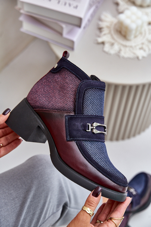 Dámské Kožené Kotníkové Boty Na Masivním Podpatku S Dekorací Maciejka 06747-23 Bordově-Námořnické
