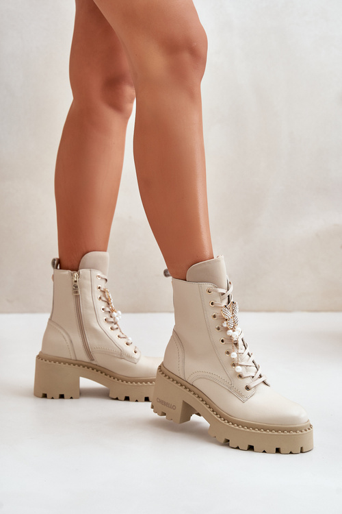 Kožené Pracovné Čižmy Pre Ženy S Motýľom Béžové CheBello 4590