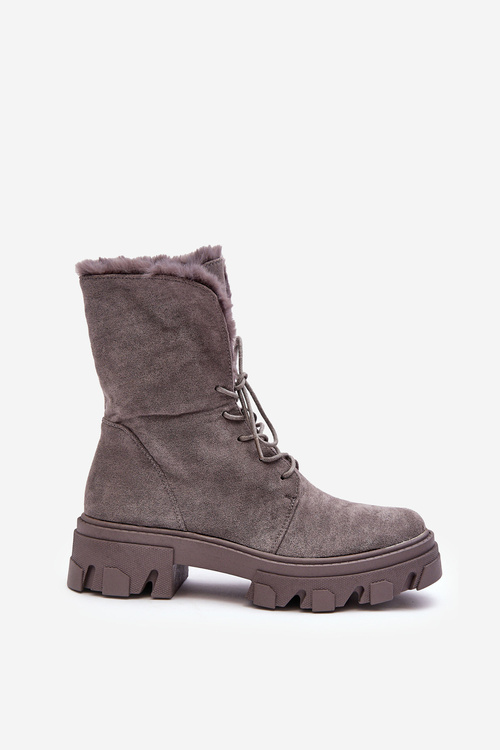 Suede Lace -up Boots Workers s kožušinou sivou frendo