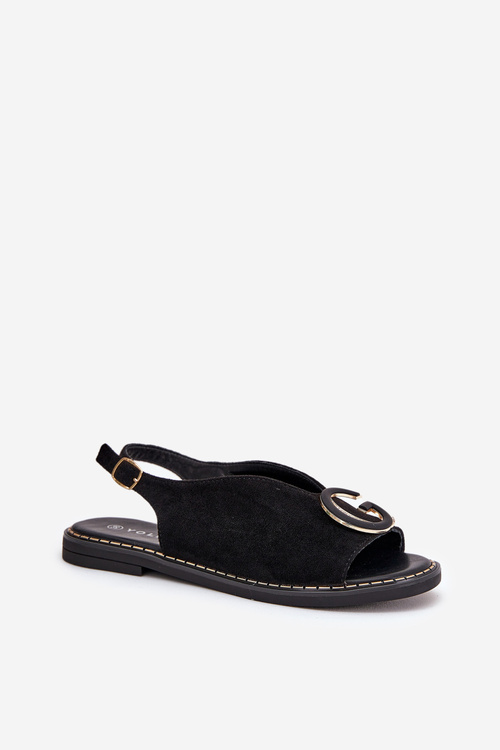 Elegantní Dámské Sandály S Zlatou Ozdobou Na Plochém Podpatku Černé S.Barski KV27-053