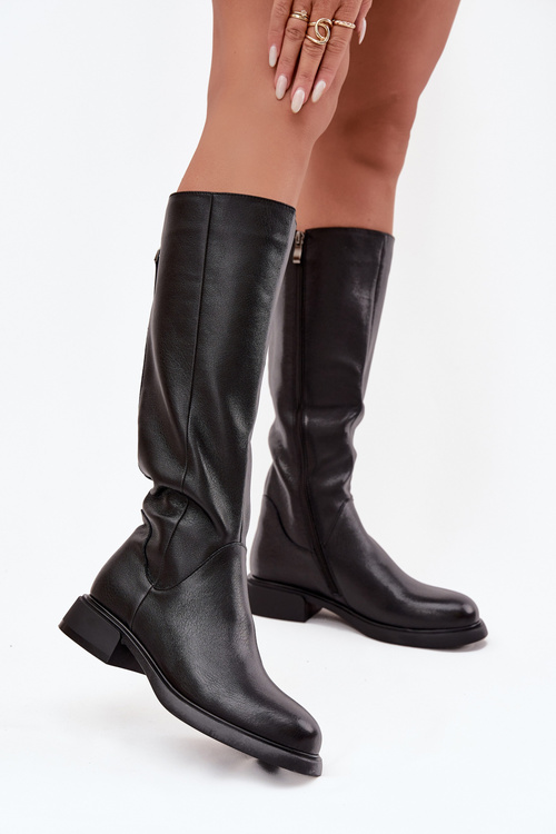 Kožené dámské kozačky na nízkém podpatku s vyhříváním D&A JC52-837 Černé