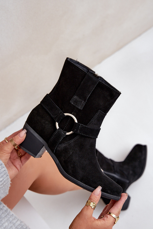 Botičky Z Přírodní Semiše Na Podpatku Černé Zazoo 3444/2