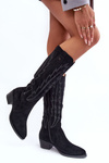 Suede Low -Heeled Cowboy Boots Black Lunah