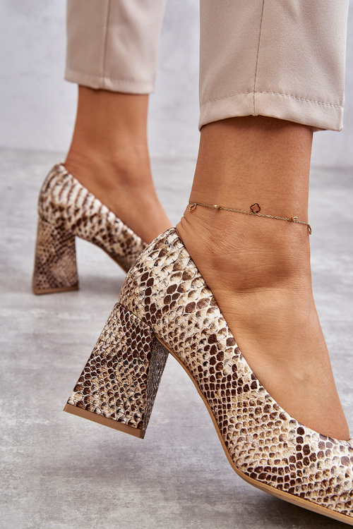 Kožené čerpadlá s hadím vzorom lewski topánky 3277 béžové zlato