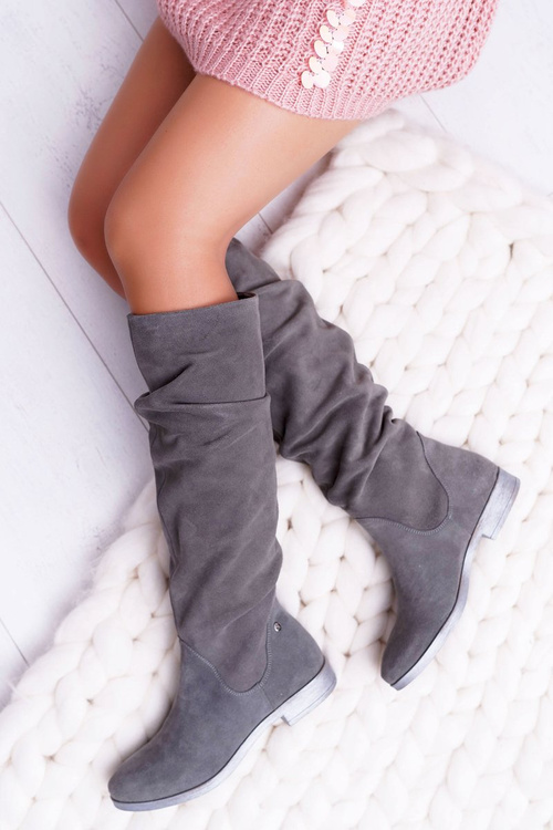 Dámské Ploché Kozačky Kožený Semišové šedé Pello