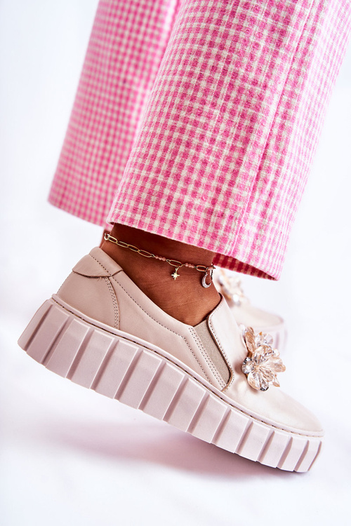 Dámské kožené tenisky nazouvací s zdobením béžove Mirana