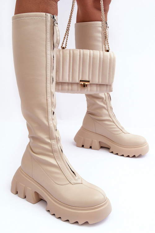 Kůže Kozaky Na Masivní Platformě Se Zipem Bežové Ringo