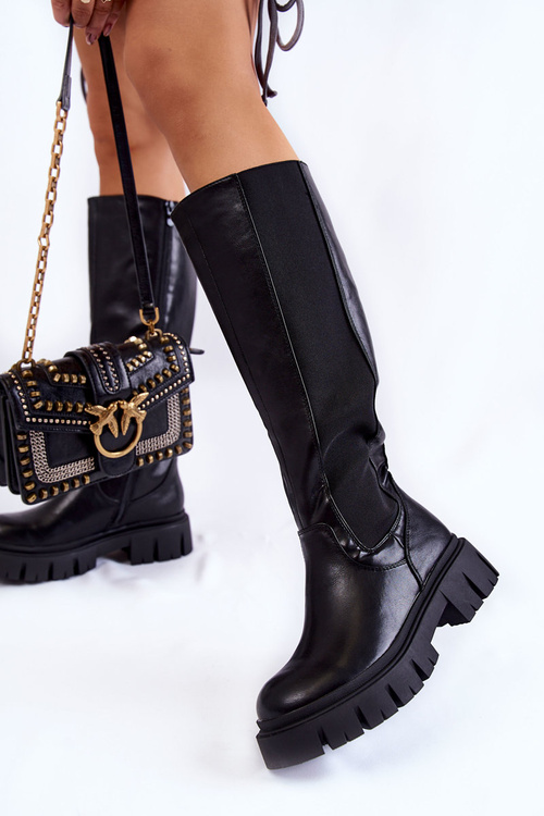 Dámske topánky na plošine do kolena čiernej milia