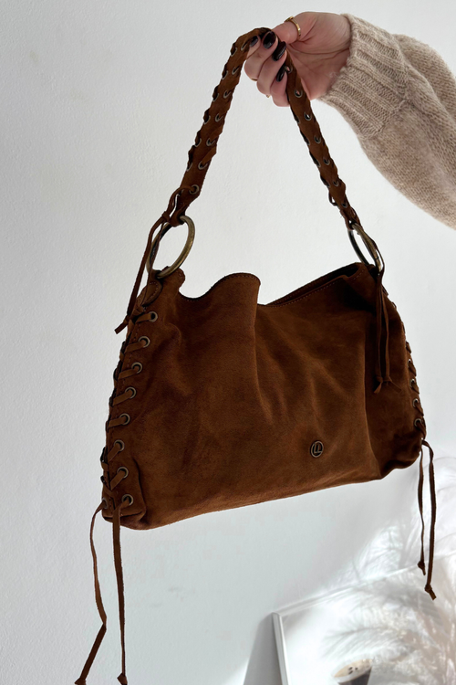 Kožená semišová taška s ozdobnými šňůrkami camel Janelis