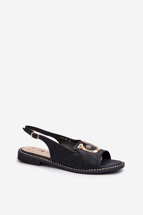 Elegantní Dámské Sandály S Zlatou Ozdobou Na Plochém Podpatku Černé S.Barski KV27-053