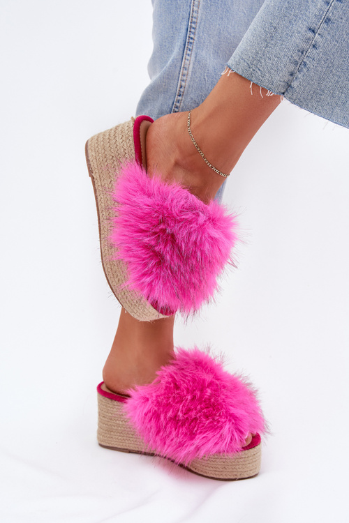 Dámske Sandále Na Klíne S Kožušinou A Pletivom Fuchsie Virela