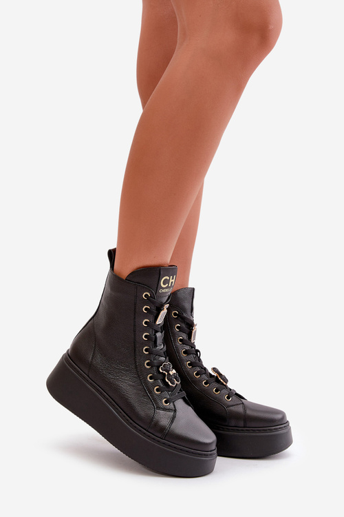 Dámske Kožené Čižmy Workery S Pripínakmi Čierne CheBello 4294