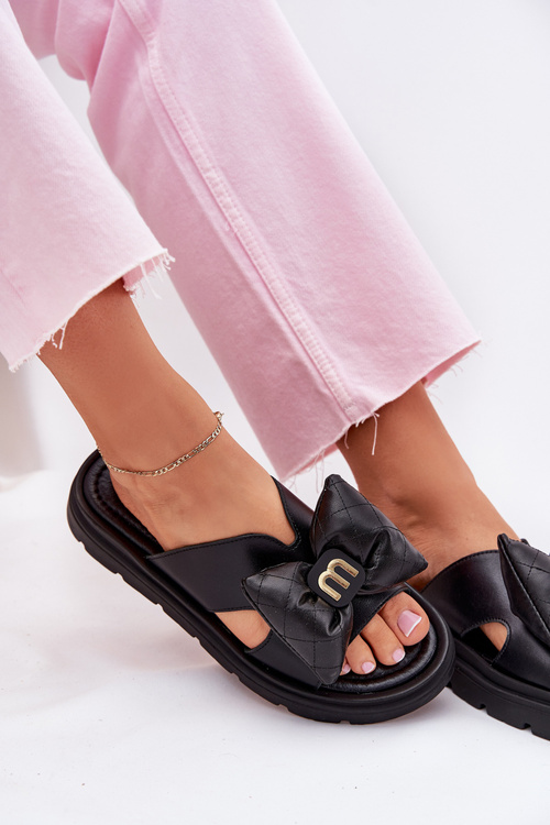 Dámske kožené sandále na platforme s mašľou CheBello 4647 čierne