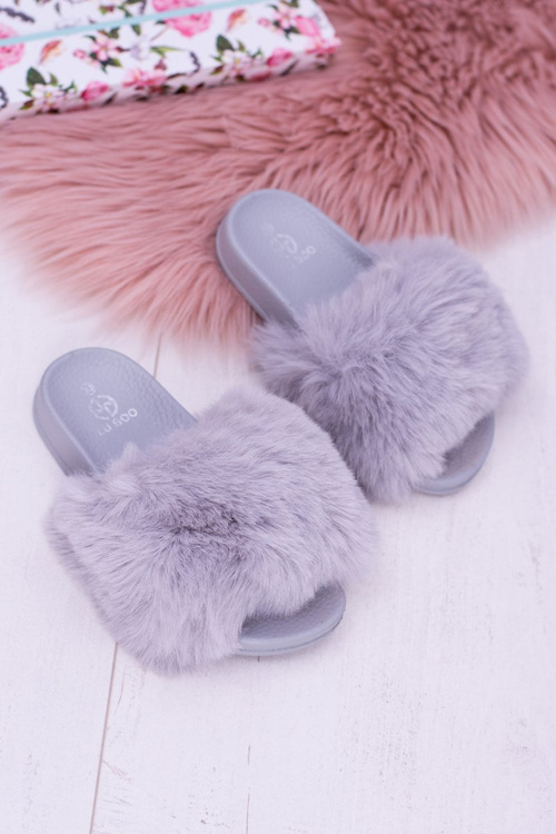 Lu Boo Detské šedé žabky s kožušinou xxl polícia