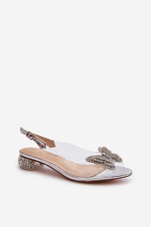 Priehľadné sandále s nízkym opätkom s motýľom ružové strieborné D&A MR38-388