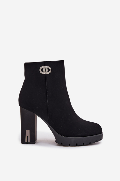 Zateplené dámske členkové topánky na podpätku s ozdobným detailom čierne Vessara