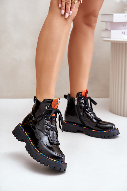 Kožené Lakované Botky Worker Na Zip Černé Anafra