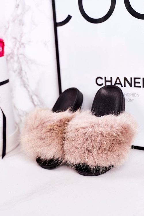 Dětské Pantofle S Kožešinou Béžové Fashionista