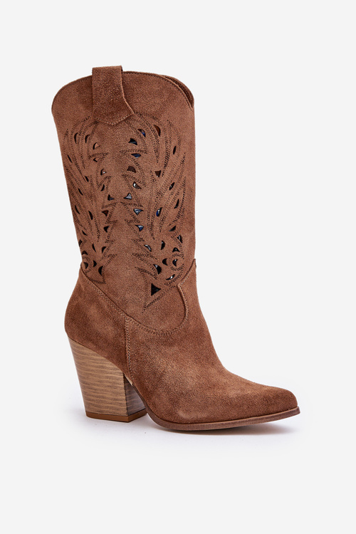 Dierkované Kozačky Do Polovice Lýtka Na Podpätku Zamatové Lewski 3609 Hnedé