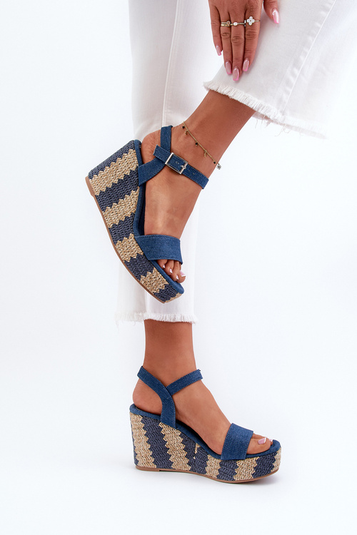 Dámské džínové sandály na klínku s proužkem modré Reviala