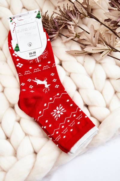 Dámské ponožky s vánočními vzory Sobů červené