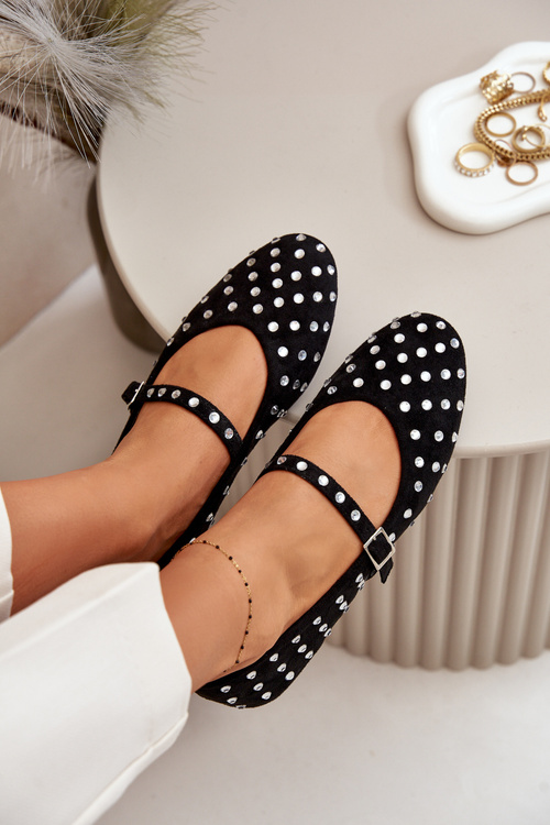 Zdobené baleríny s páskem eko zamšové černé Tirilissa