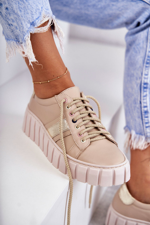 Dámska kožená športová topánka zviazaná béžová zlatá ariva